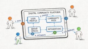 how to create a social media platform with a digital community system featuring user profiles, community feeds, group spaces, and integrations. The diagram highlights the process of joining, engaging, collaborating, and integrating users within an online social network platform.