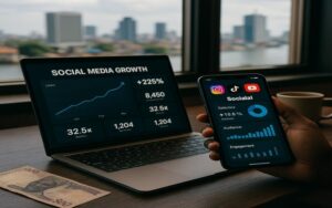 Social media analytics dashboard displayed on a laptop and smartphone, showing audience growth, engagement metrics, and performance insights. This image represents how to create a social media platform, highlighting growth tracking, user engagement analysis, and digital community management.