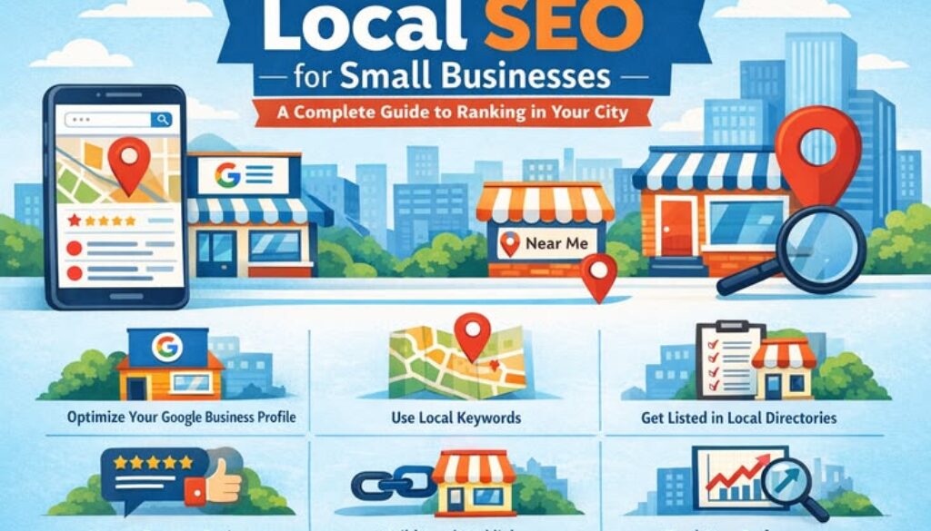 Local SEO for Small Businesses infographic showing Google Business Profile optimization, local keywords, customer reviews, backlinks, and local search rankings.