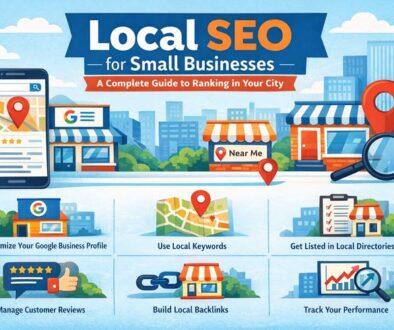 Local SEO for Small Businesses infographic showing Google Business Profile optimization, local keywords, customer reviews, backlinks, and local search rankings.