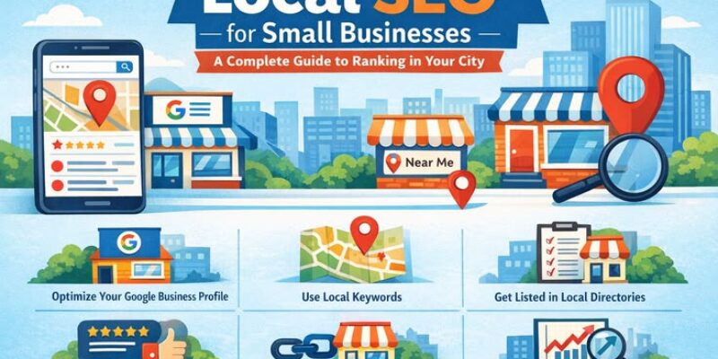 Local SEO for Small Businesses infographic showing Google Business Profile optimization, local keywords, customer reviews, backlinks, and local search rankings.