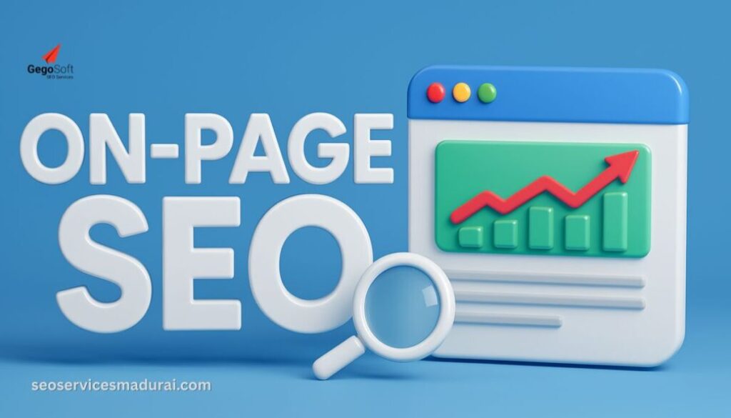 On-Page SEO Guide for Beginners illustration showing website optimization, search engine rankings, and SEO performance growth.
