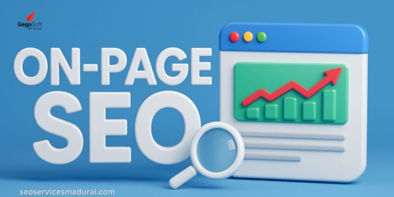 On-Page SEO Guide for Beginners illustration showing website optimization, search engine rankings, and SEO performance growth.