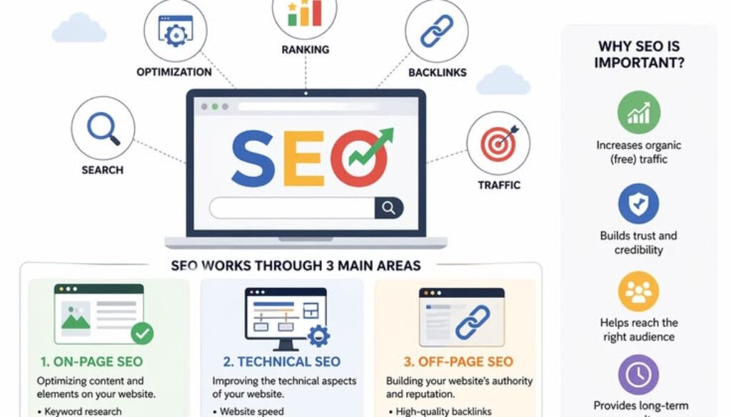What Is SEO infographic explaining on-page SEO, technical SEO, off-page SEO, backlinks, rankings, and organic traffic.