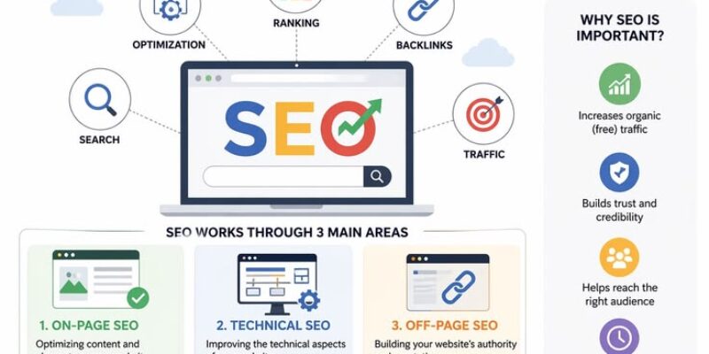 What Is SEO infographic explaining on-page SEO, technical SEO, off-page SEO, backlinks, rankings, and organic traffic.